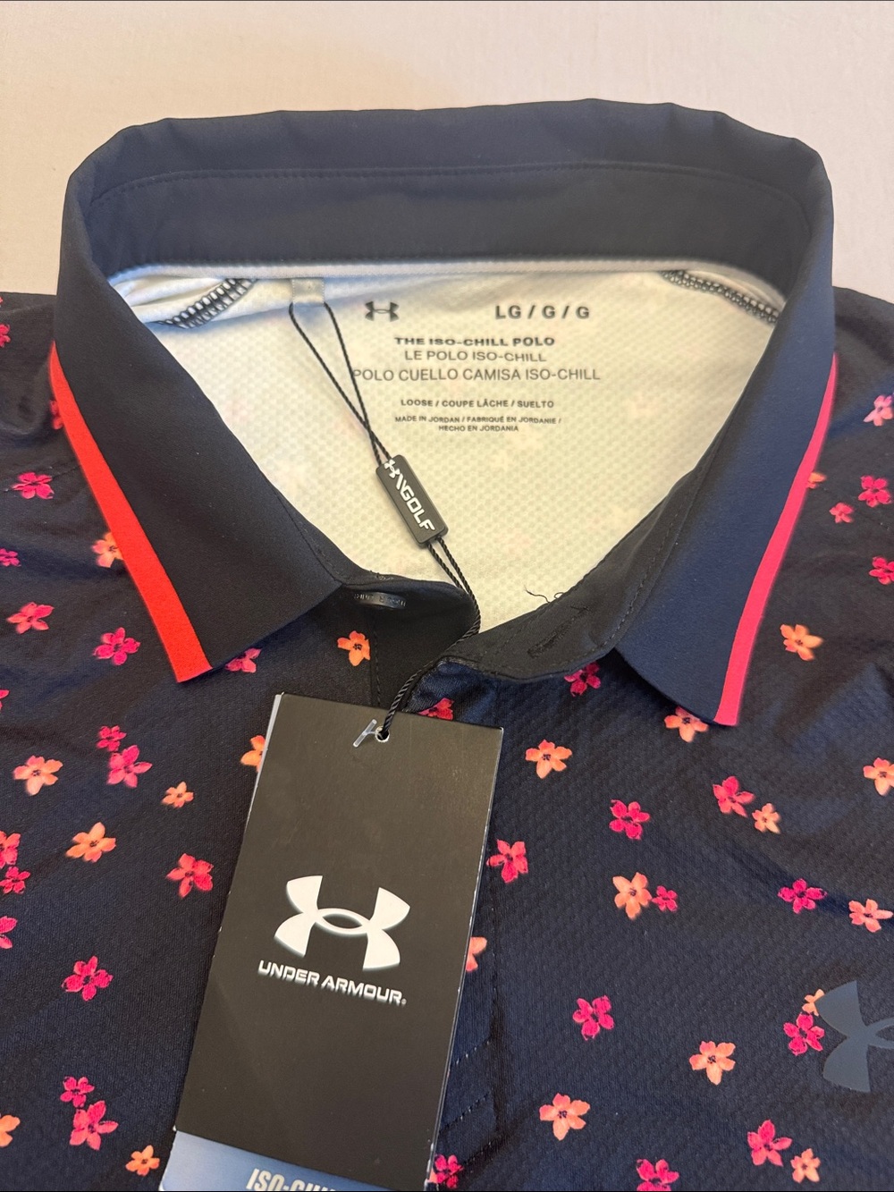 NWT Under Armour Men’s Navy Iso-Chill Polo with Pink & Coral Floral Print